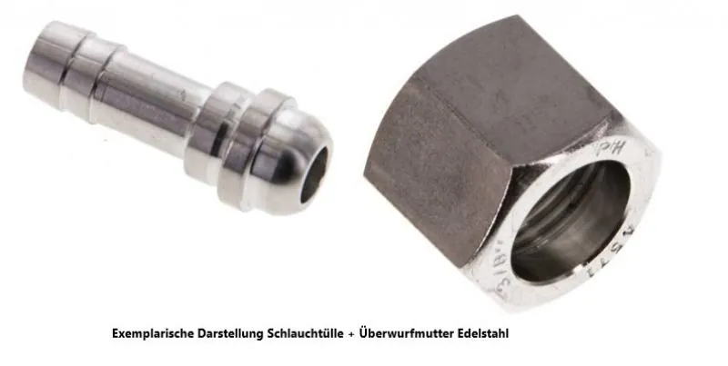 Teile Schlauchtülle aus Edelstahl 1.4571 mit Überwurfmutter und Schlauchstutzen PN 16